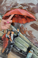 Romantic Couple Waiting for Train in the Rain Painted Metal 3D Wall Art