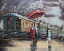Romantic Couple Waiting for Train in the Rain Painted Metal 3D Wall Art