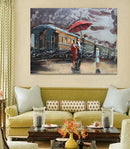 Romantic Couple Waiting for Train in the Rain Painted Metal 3D Wall Art