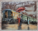Romantic Couple Waiting for Train in the Rain Painted Metal 3D Wall Art