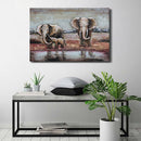 Hand Made Wildlife African Elephants Family 3-D Oil Painting on Metal Canvas
