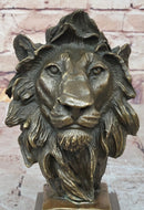 Male Lion Bronze Bust Statue Sculpture Figure on Black Marble Base Signed Barye 9" x 4"