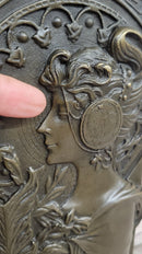 Art Noveau Girl Portrait Bas Relief Bronze Sculpture Carving Hanging Art 9.5" x 4"