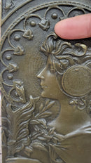 Art Noveau Girl Portrait Bas Relief Bronze Sculpture Carving Hanging Art 9.5" x 4"