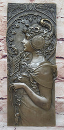 Art Noveau Girl Portrait Bas Relief Bronze Sculpture Carving Hanging Art 9.5" x 4"