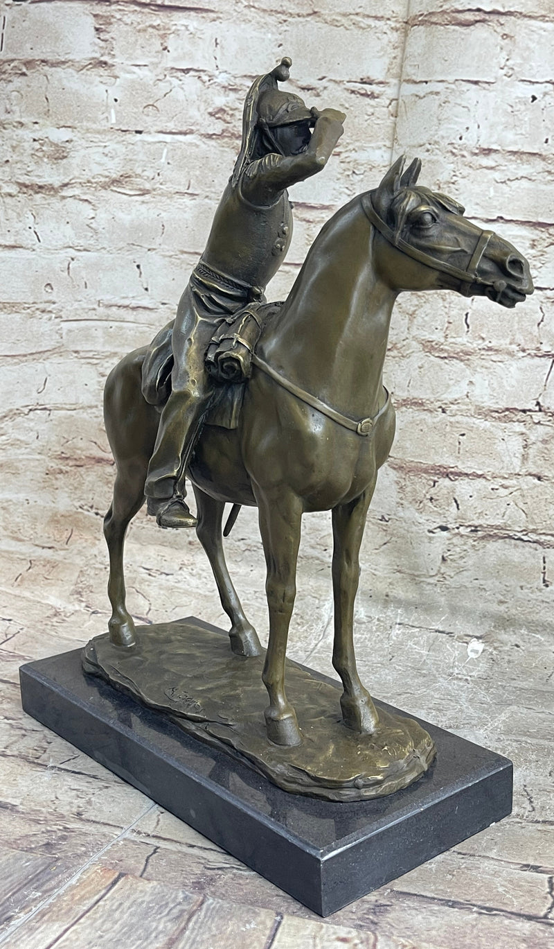 19th Century Cavalry Soldier Warrior on Horseback Bronze Statue Sculpture Figure 15"X 12"