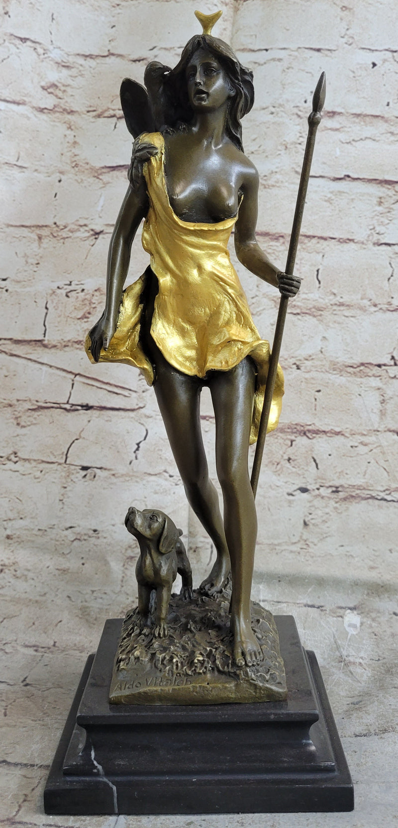 Signed Original Aldo Vitale Nude Diana the Huntress and her Dog Bronze