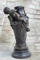 Signed Original Cherub Angel Vase Style Bronze Sculpture Marble Base Figure Sale