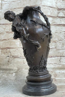 Signed Original Cherub Angel Vase Style Bronze Sculpture Marble Base Figure Sale
