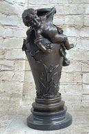 Signed Original Cherub Angel Vase Style Bronze Sculpture Marble Base Figure Sale