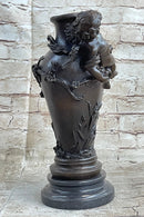 Signed Original Cherub Angel Vase Style Bronze Sculpture Marble Base Figure Sale