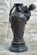 Signed Original Cherub Angel Vase Style Bronze Sculpture Marble Base Figure Sale