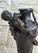 Signed Original Cherub Angel Vase Style Bronze Sculpture Marble Base Figure Sale