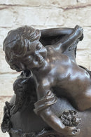Signed Original Cherub Angel Vase Style Bronze Sculpture Marble Base Figure Sale