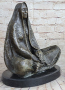 Native American Indian Shaman Medicine Man Sitting Cross Legged Bronze Statue Sculpture