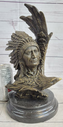Native American Man & Eagle Bronze Metal Bust Sculpture Statue on Marble Base