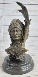 Native American Man & Eagle Bronze Metal Bust Sculpture Statue on Marble Base