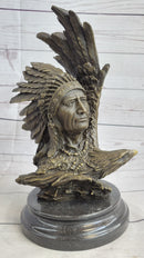 Native American Man & Eagle Bronze Metal Bust Sculpture Statue on Marble Base