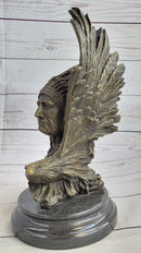 Native American Man & Eagle Bronze Metal Bust Sculpture Statue on Marble Base
