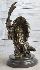 Native American Man & Eagle Bronze Metal Bust Sculpture Statue on Marble Base