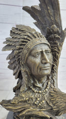 Native American Man & Eagle Bronze Metal Bust Sculpture Statue on Marble Base