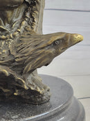 Native American Man & Eagle Bronze Metal Bust Sculpture Statue on Marble Base