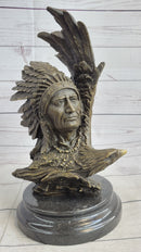 Native American Man & Eagle Bronze Metal Bust Sculpture Statue on Marble Base