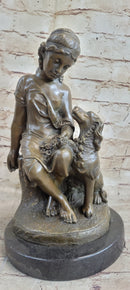 Classical Girl with Puppy Dog Bronze Statue Sculpture Figure on Marble Base 15" x 8"