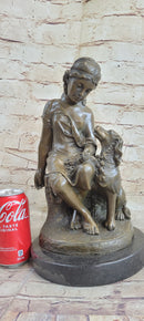 Classical Girl with Puppy Dog Bronze Statue Sculpture Figure on Marble Base 15" x 8"