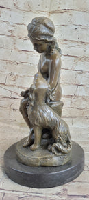 Classical Girl with Puppy Dog Bronze Statue Sculpture Figure on Marble Base 15" x 8"