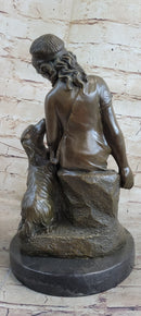 Classical Girl with Puppy Dog Bronze Statue Sculpture Figure on Marble Base 15" x 8"