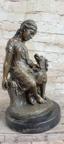 Classical Girl with Puppy Dog Bronze Statue Sculpture Figure on Marble Base 15" x 8"