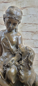 Classical Girl with Puppy Dog Bronze Statue Sculpture Figure on Marble Base 15" x 8"
