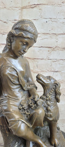 Classical Girl with Puppy Dog Bronze Statue Sculpture Figure on Marble Base 15" x 8"