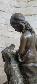 Classical Girl with Puppy Dog Bronze Statue Sculpture Figure on Marble Base 15" x 8"
