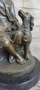 Classical Girl with Puppy Dog Bronze Statue Sculpture Figure on Marble Base 15" x 8"
