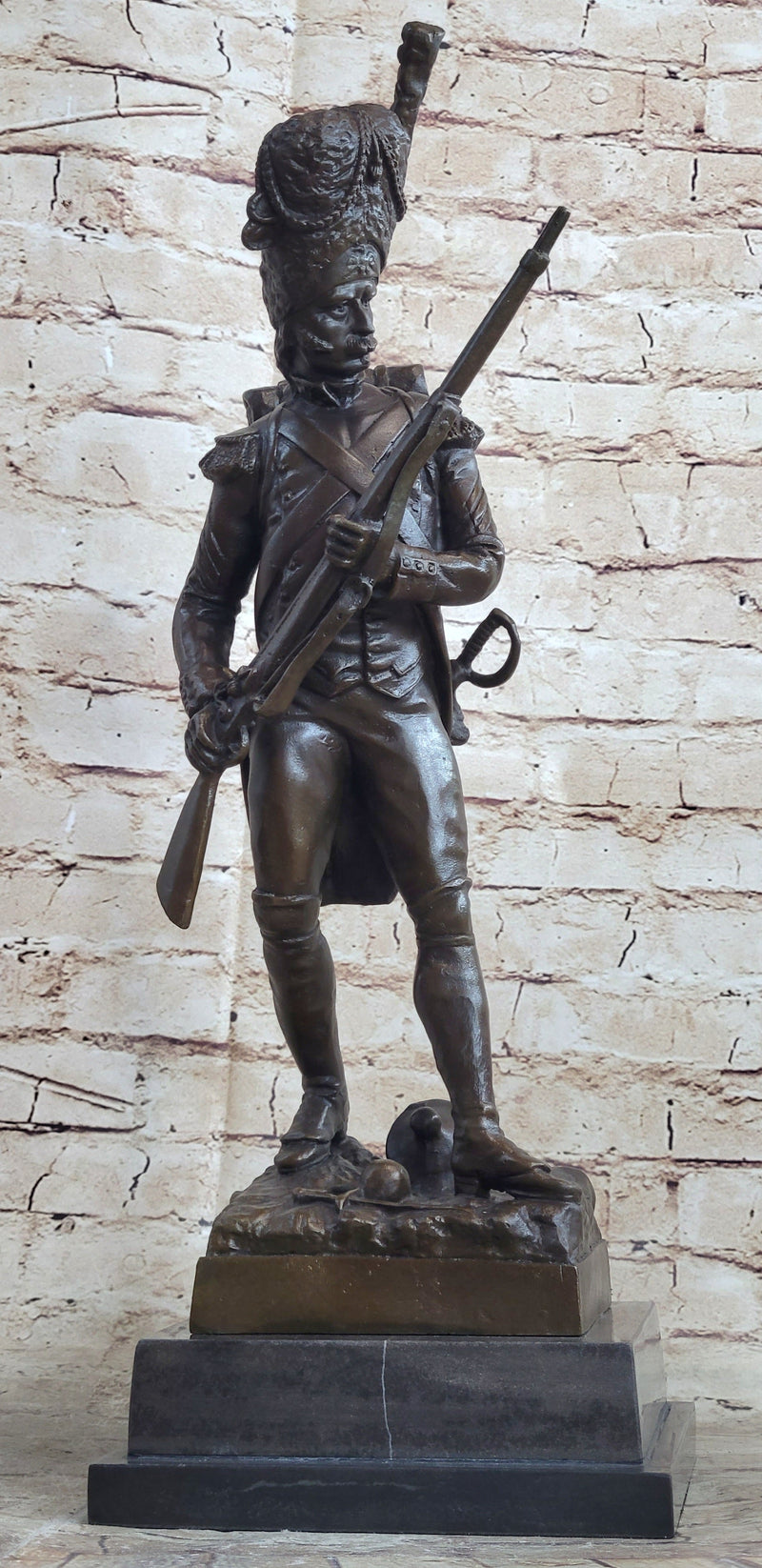 19th Century European Soldier w/ Rifle in Bearskin Hat Bronze Metal Statue Sculpture