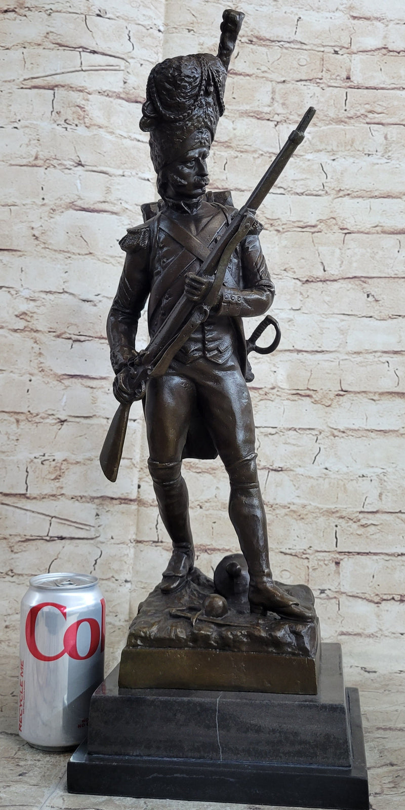 19th Century European Soldier w/ Rifle in Bearskin Hat Bronze Metal Statue Sculpture