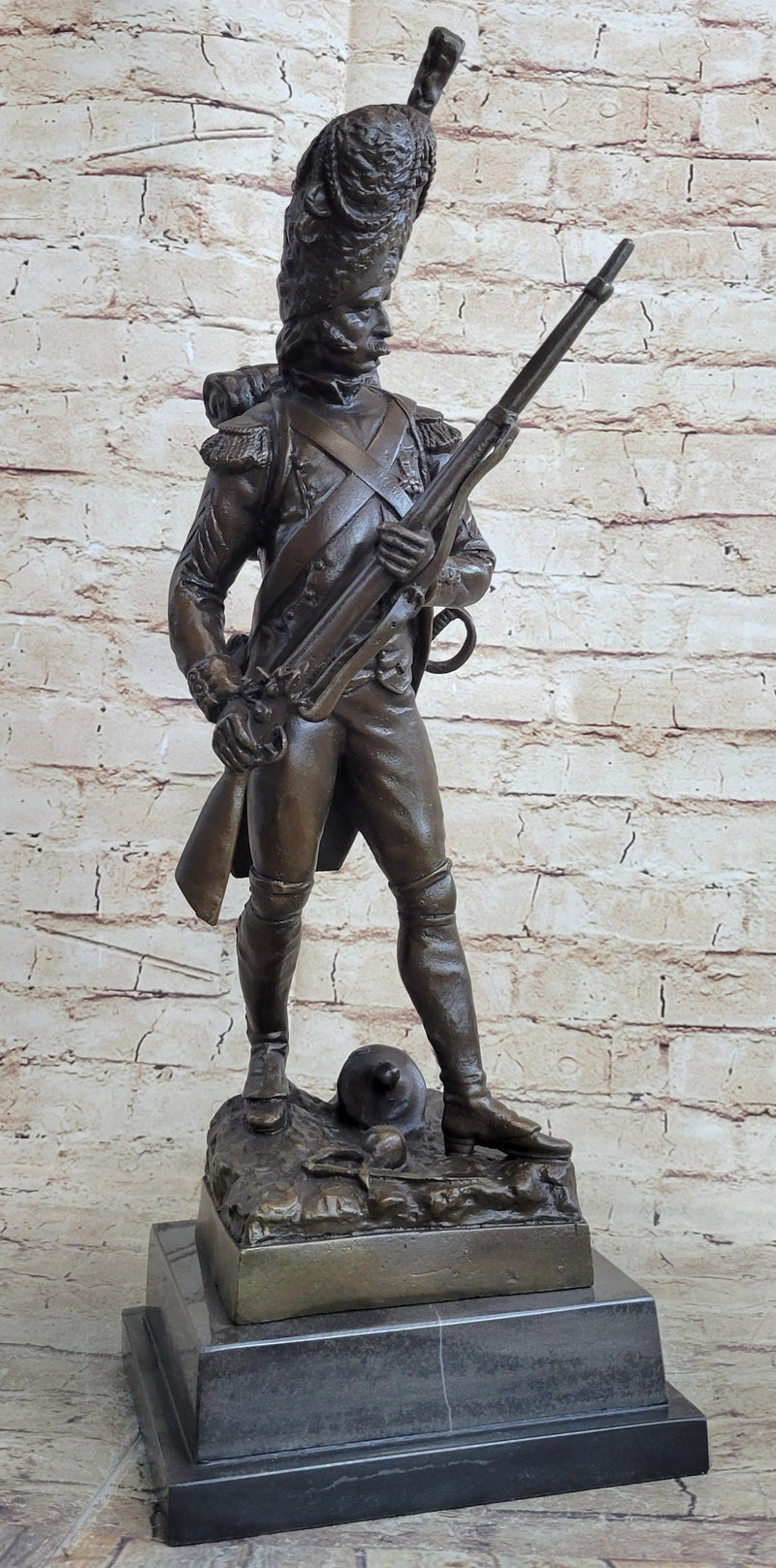 19th Century European Soldier w/ Rifle in Bearskin Hat Bronze Metal Statue Sculpture