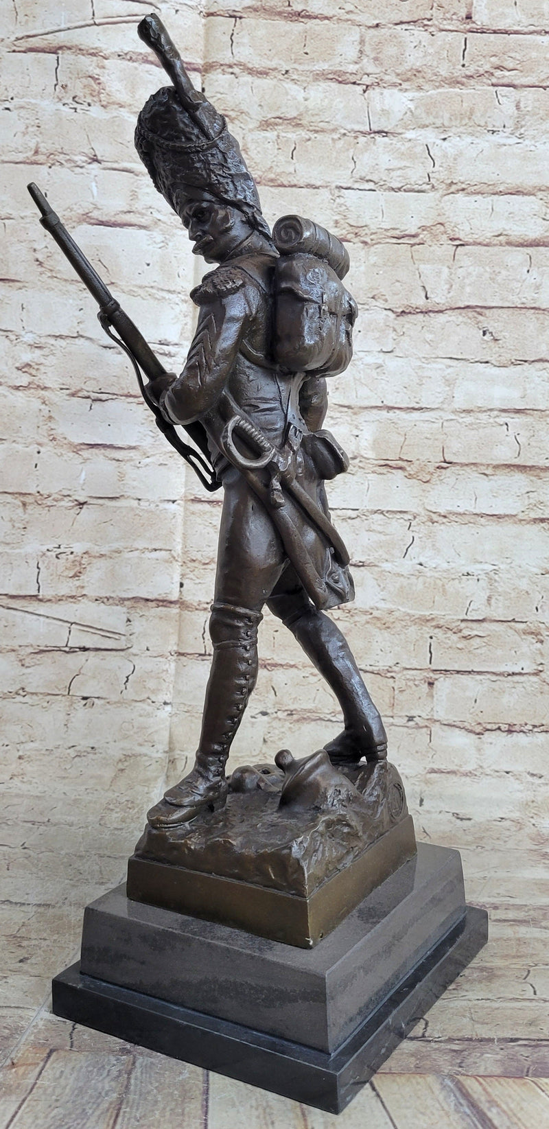 19th Century European Soldier w/ Rifle in Bearskin Hat Bronze Metal Statue Sculpture