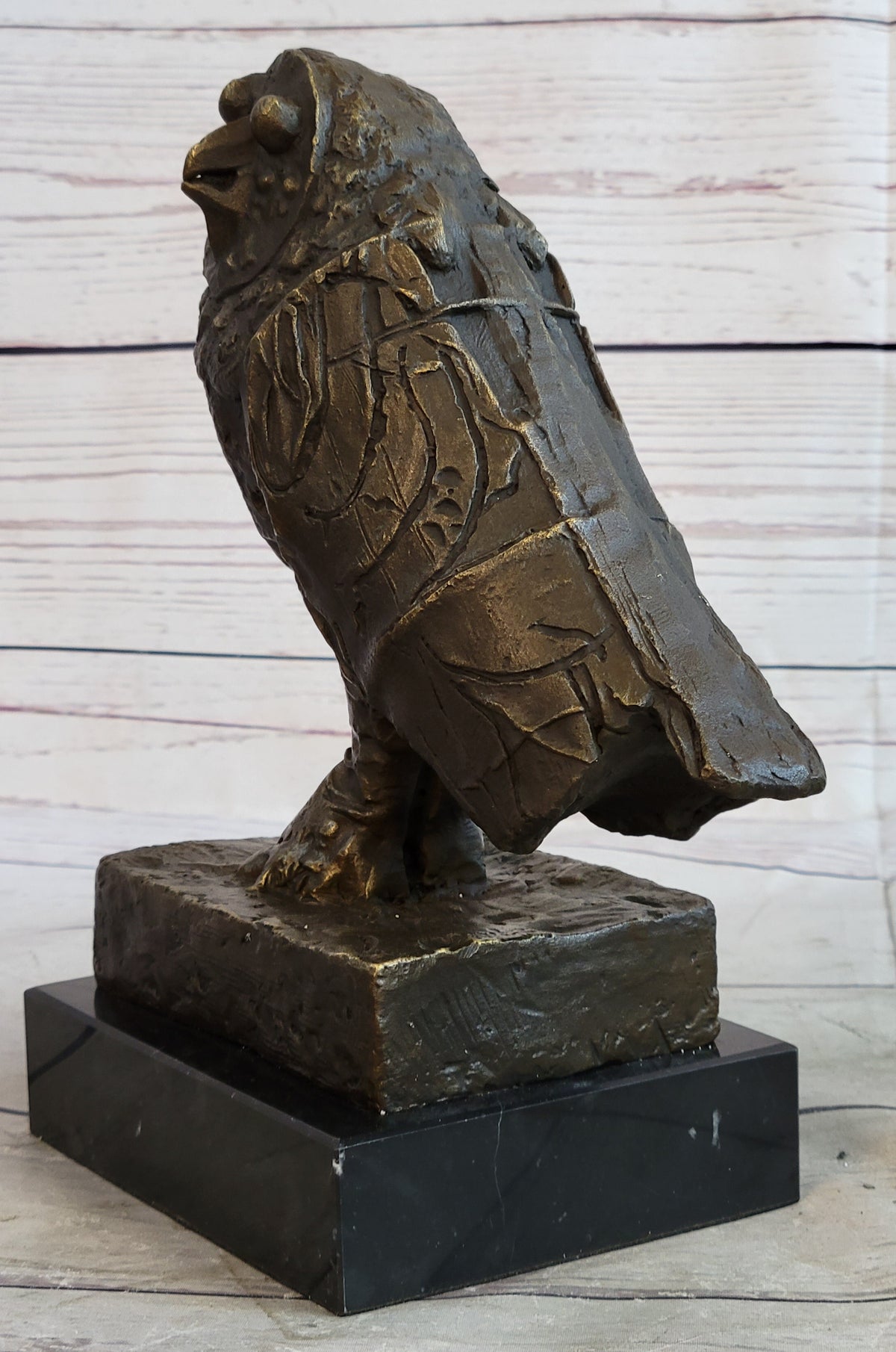 Owl on a branch - solid outlets cast bronze figurine on a marble base - birds