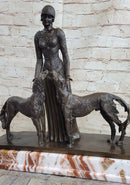 Lady with 2 Borzoi Dogs Chiparus Art Deco Bronze Statue Sculpture 18" x 6"