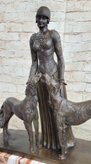 Lady with 2 Borzoi Dogs Chiparus Art Deco Bronze Statue Sculpture 18" x 6"