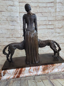 Lady with 2 Borzoi Dogs Chiparus Art Deco Bronze Statue Sculpture 18" x 6"