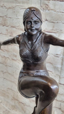 Art Deco Flapper Dancer Girl Bronze Statue Sculpture Decor by Demetre Chiparus on Marble Base