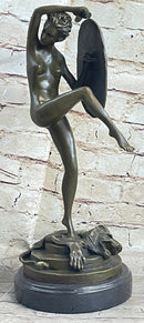 Nude Lady Justice w/ Sword & Shield Standing on Lion Pelt Bronze Statue Sculpture 15" x 7.5"