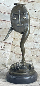 Nude Lady Justice w/ Sword & Shield Standing on Lion Pelt Bronze Statue Sculpture 15" x 7.5"