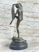Nude Lady Justice w/ Sword & Shield Standing on Lion Pelt Bronze Statue Sculpture 15" x 7.5"