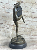 Nude Lady Justice w/ Sword & Shield Standing on Lion Pelt Bronze Statue Sculpture 15" x 7.5"