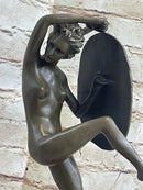 Nude Lady Justice w/ Sword & Shield Standing on Lion Pelt Bronze Statue Sculpture 15" x 7.5"